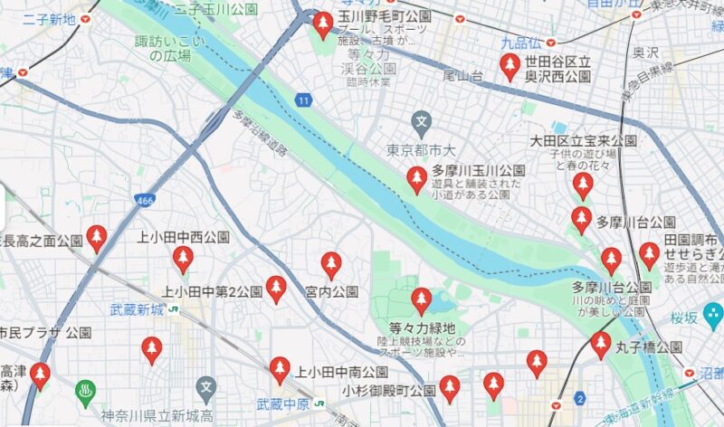 等々力緑地周辺の公園の地図