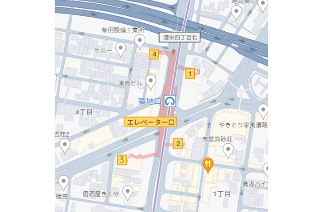 地下鉄築地口駅の出入り口の地図