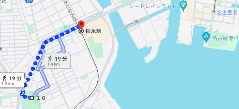 稲永駅から稲永東公園までの徒歩の距離