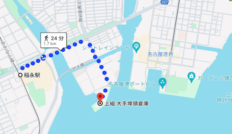 稲永駅から上組 大手埠頭倉庫までの距離の地図